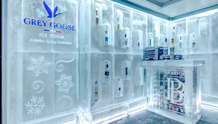 Crystal clear glass walls inside the Grey Goose Vodka Ice Room at the Bearfoot Bistro